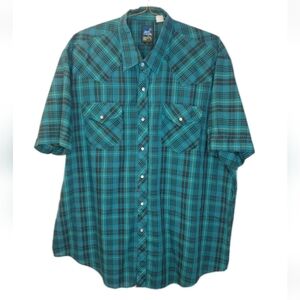 Vintage Rock Canyon Pearl Snap Shirt Men 2X Teal Green Plaid Western Rodeo Biker